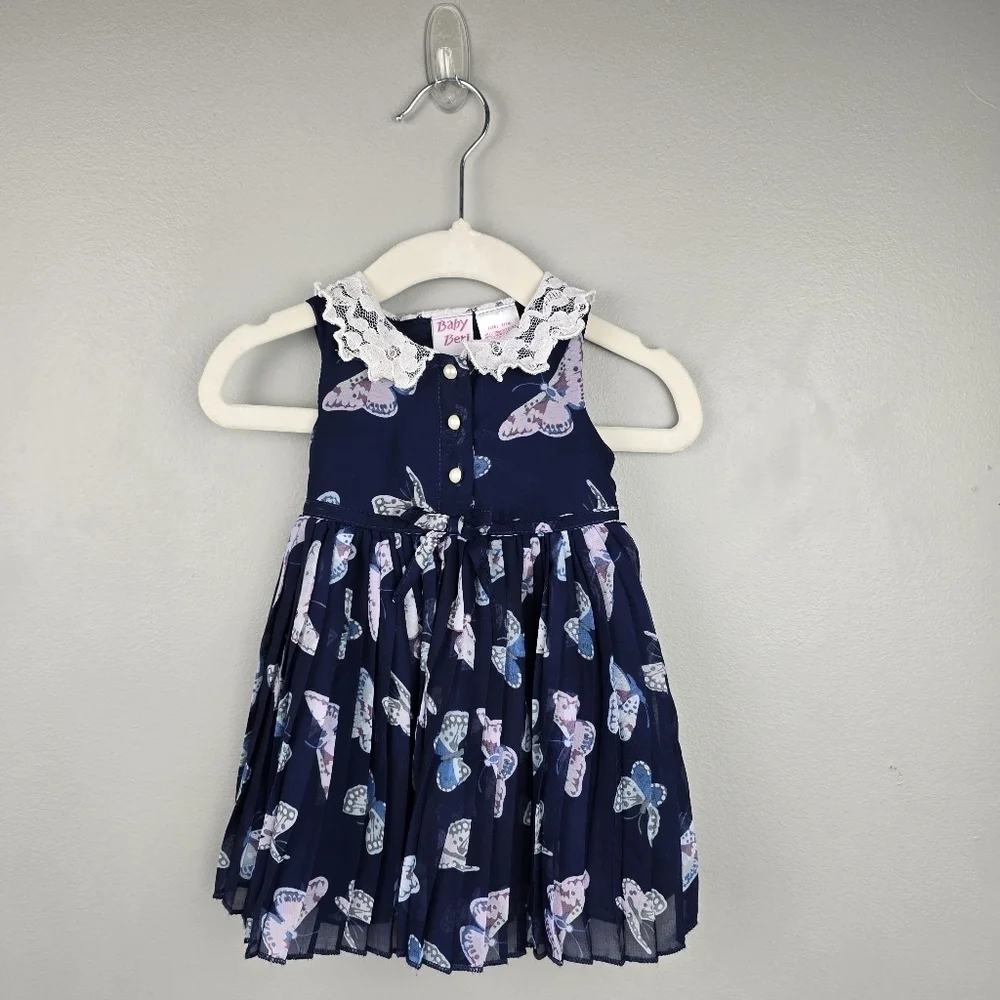 BABY‎ BERI Pleated Whimsical Dress Lace Collar Butterfly Navy Baby Girls 6-9 M
